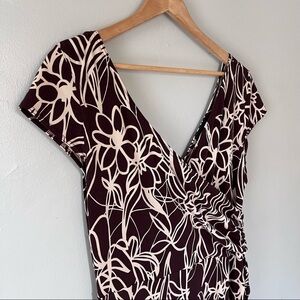 Women’s V-Neck Side Tie Knee Length Flower Dress Brown White Plus Size 14 XL